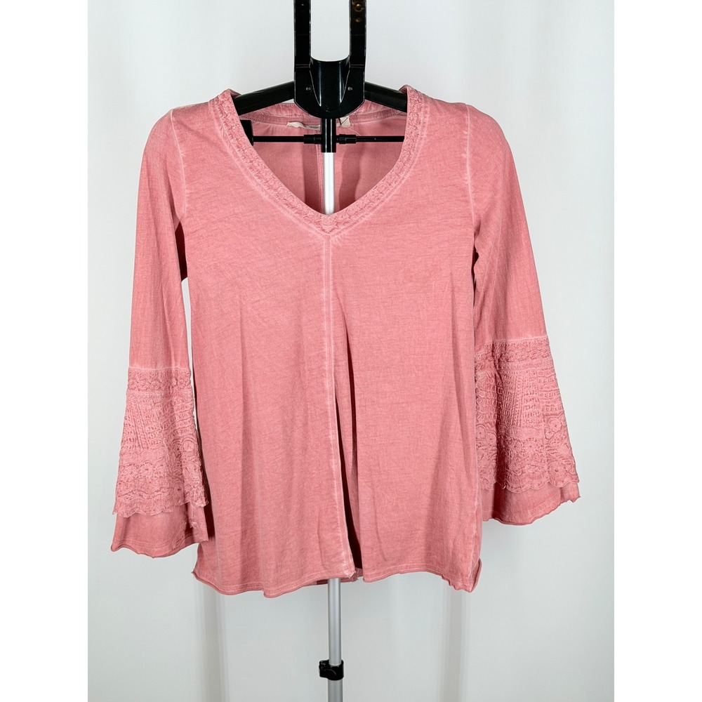 Soft Surroundings Pink Cotton Lace Bell Sleeve V-Neck Top S